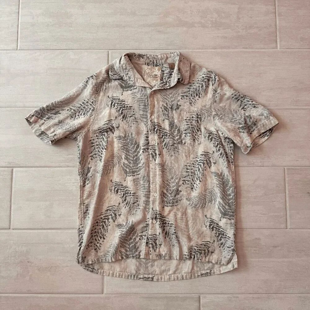 Tasso Elba Island Hawaii Blue Leaves Shirt Silk Linen Collar Short Sleeve Medium